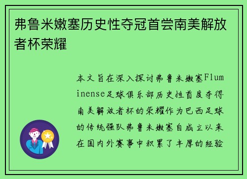 弗鲁米嫩塞历史性夺冠首尝南美解放者杯荣耀