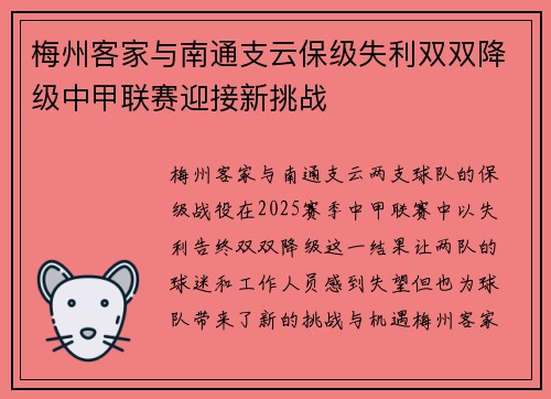 梅州客家与南通支云保级失利双双降级中甲联赛迎接新挑战